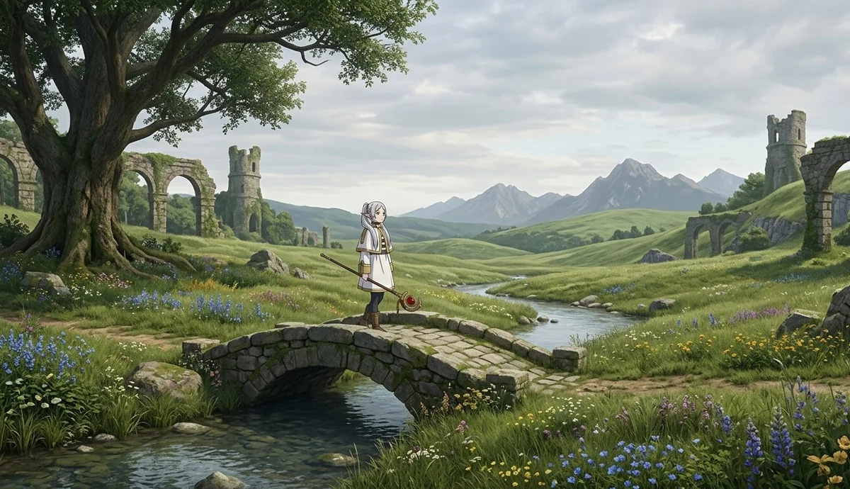 A lone mage crossing a stone bridge through rolling, ruin-dotted hills